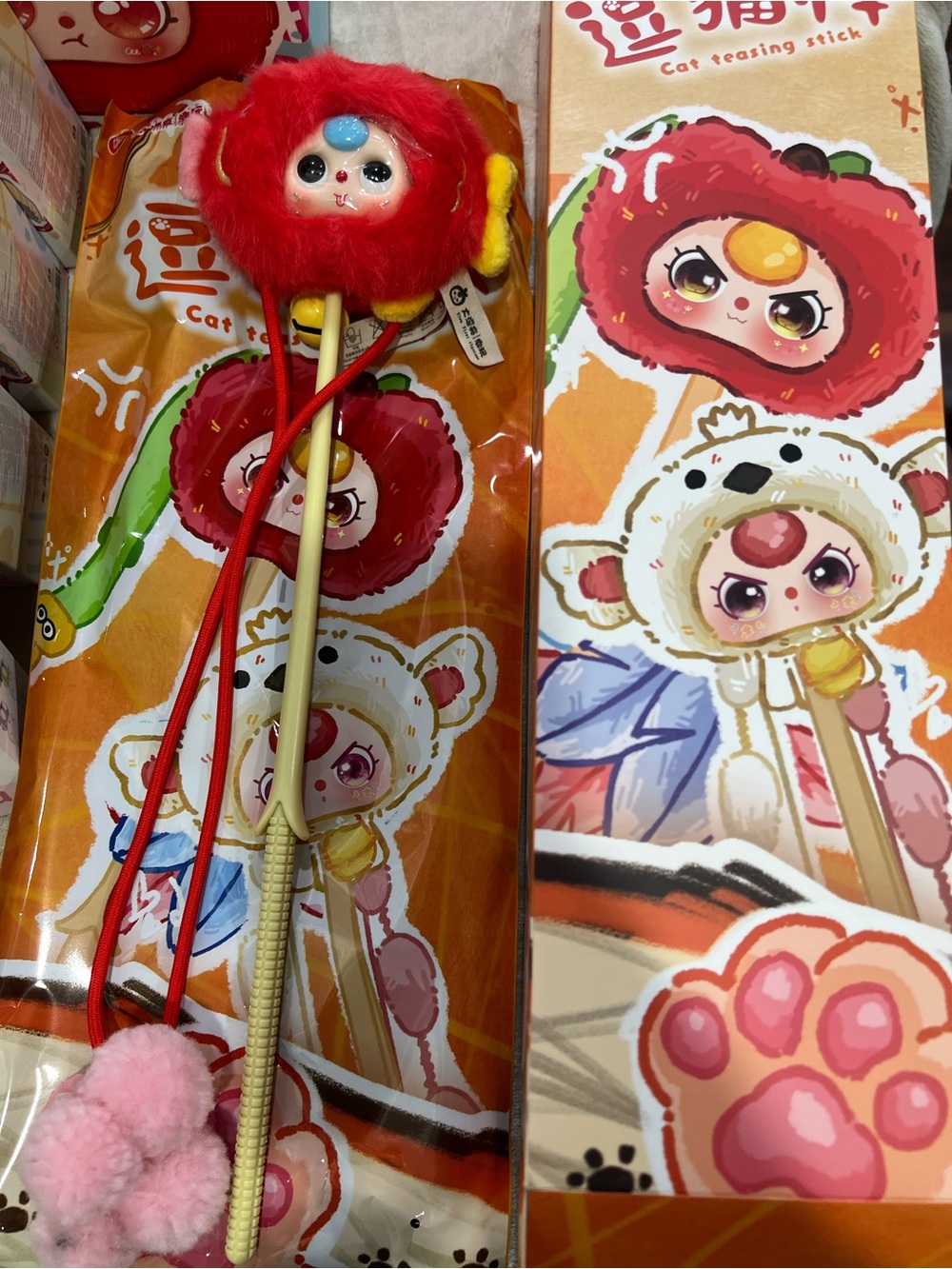 Baby three Cute Red Fuzzy Cat Teasingi Stick Toy